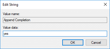To Enable Inline AutoComplete in Windows 10 set the value of Append Completion to Yes