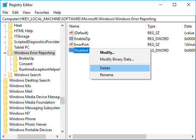 To Enable Windows Error Reporting right-click on Disabled DWORD & select Delete