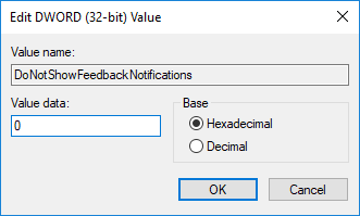 To Enable Windows Feedback Notifications set the value of DoNotShowFeedbackNotifications to 0