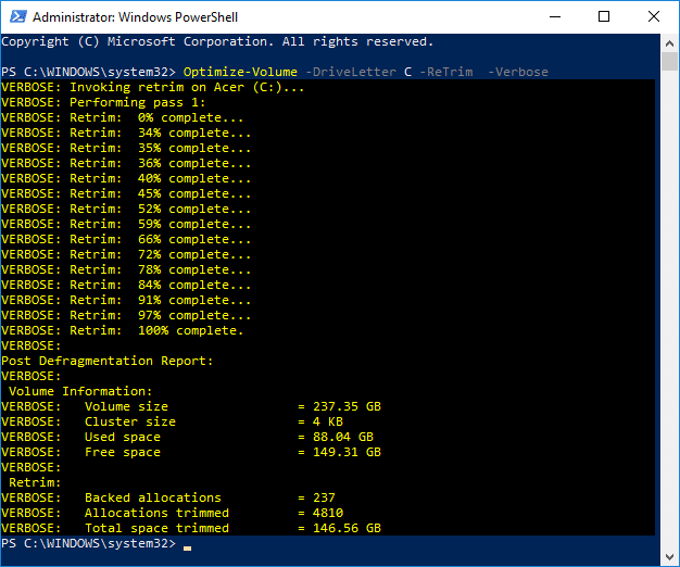 To Optimize and defrag an SSD use the following command inside PowerShell