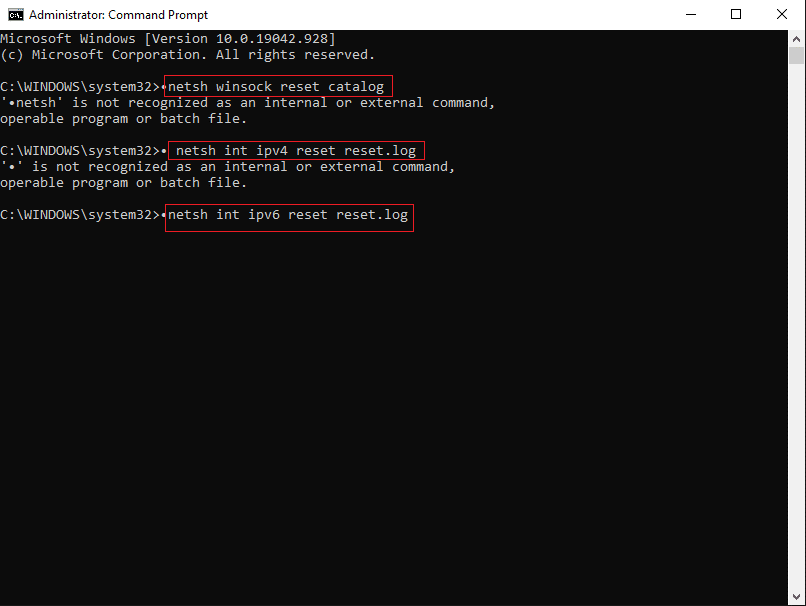 To Reset WINSOCK and IP Stack type the command in the command prompt