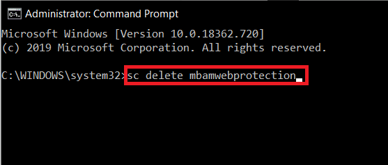 To Uninstall Malwarebytes Web Protection driver type the command in the command prompt