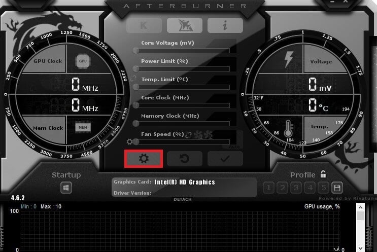 To access the MSI Afterburner settings for getting the hardware statistics. Click on the cog icon.