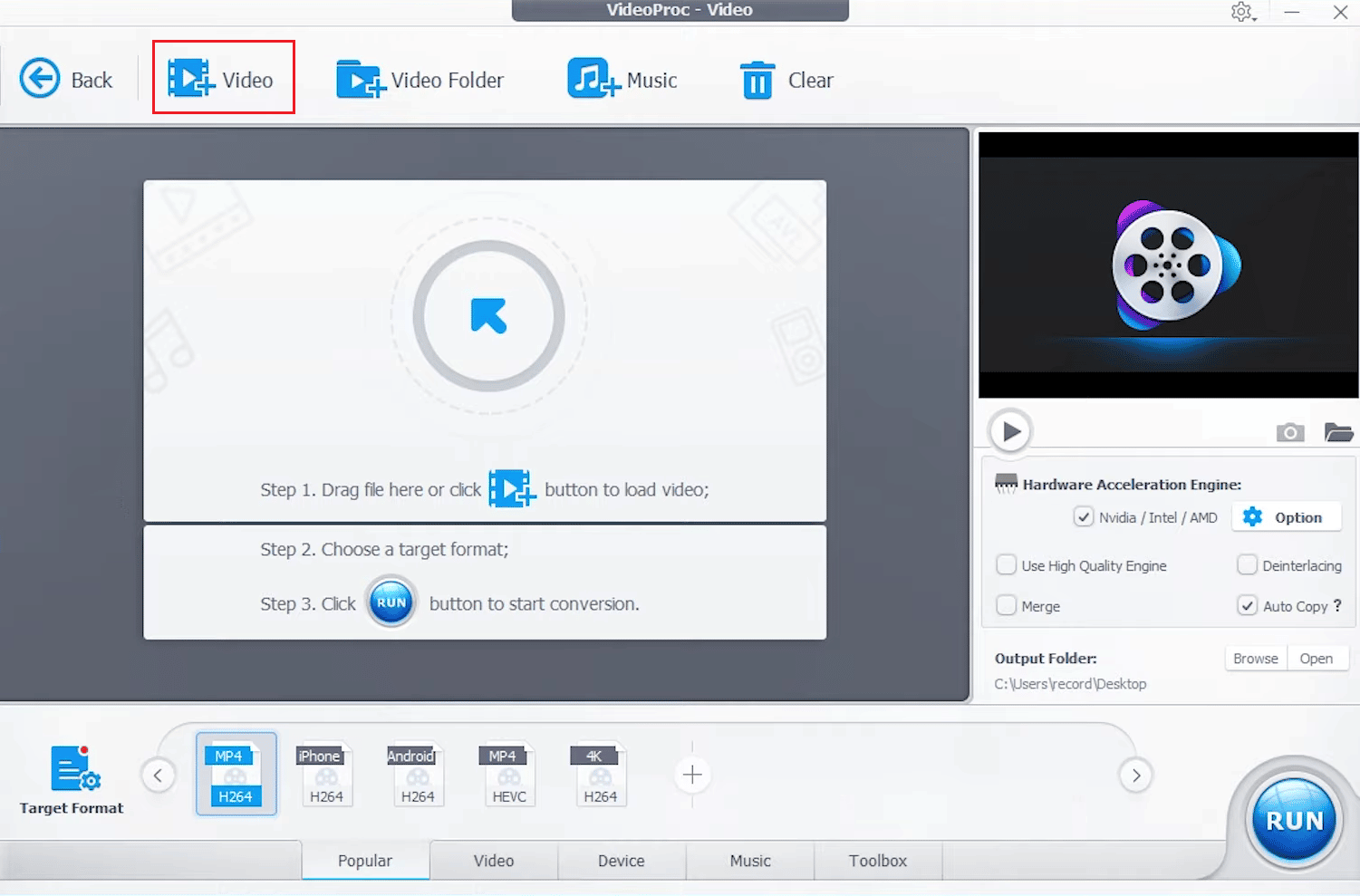 To add one or more video files to VideoProc Converter, click +Video