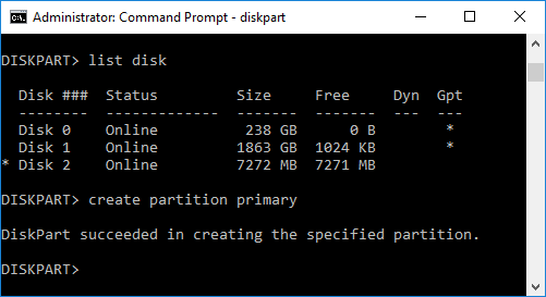 To create a primary partition you need to use the following command create partition primary