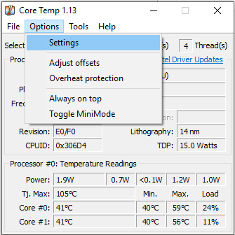 To customize settings click on Options then select Settings