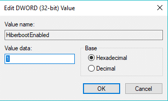 To enable fast startup again, change Value data value to 1