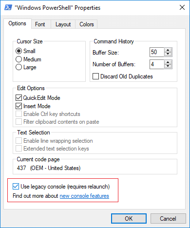 Чтобы включить устаревший режим для PowerShell, установите флажок «Использовать устаревшую консоль» (требуется перезапуск).