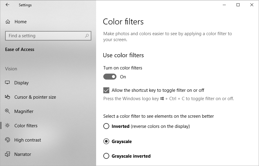 To enable the color filters turn on the button under Turn on color filter