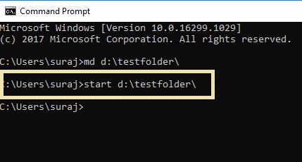 To open the created folder type the command in the command prompt