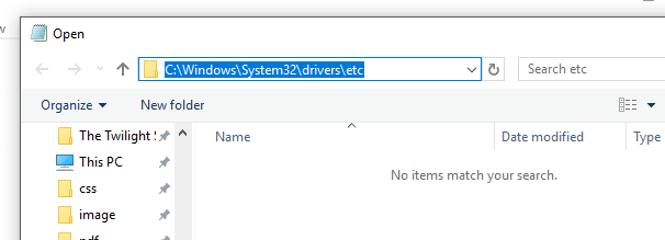 To open the hosts file, browse to C:Windowssystem32driversetc