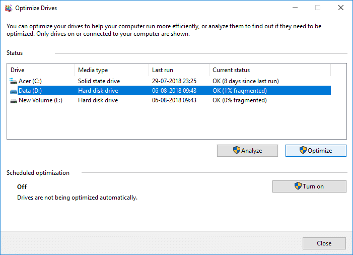 To optimize the drive click the Optimize button | How to Optimize and Defragment Drives in Windows 10
