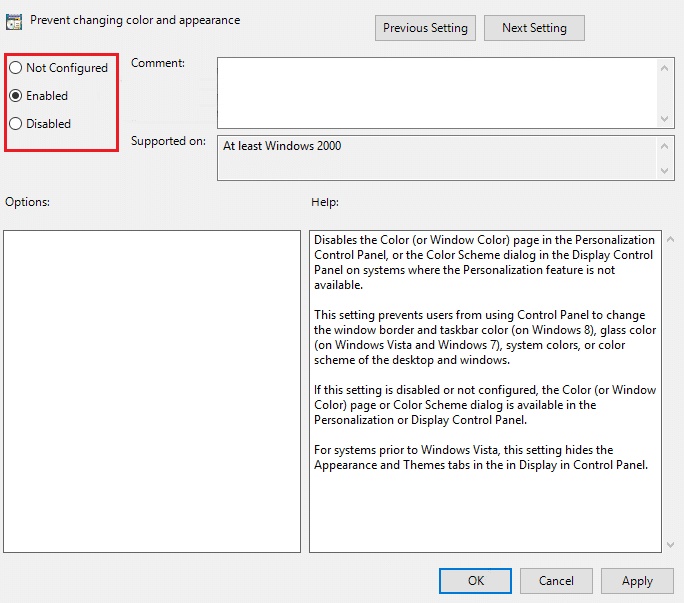 To prevent changing color and appearance in Windows 10 checkmark Enabled