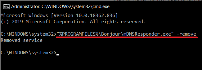 To remove the Bonjour Service files type the command in the command prompt