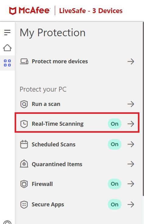 To see the antivirus choices, click the Real-Time Scanning link.
