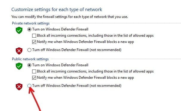 To turn off Windows Defender Firewall for Public network settings