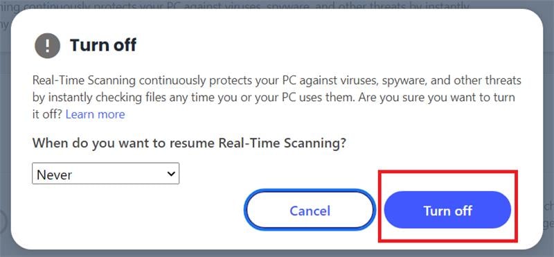 To turn off the protection, click the Turn Off button | how to disable antivirus temporarily