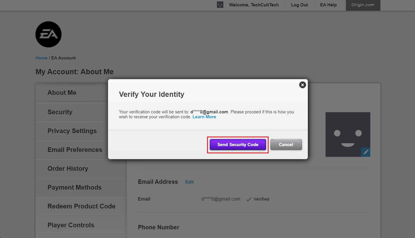 To verify your identity, click on Send Security Code