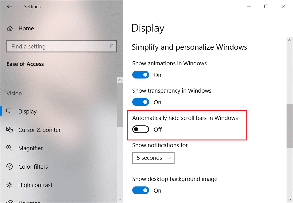 Отключите кнопку в разделе «Автоматически скрывать полосы прокрутки» в разделе «Windows».