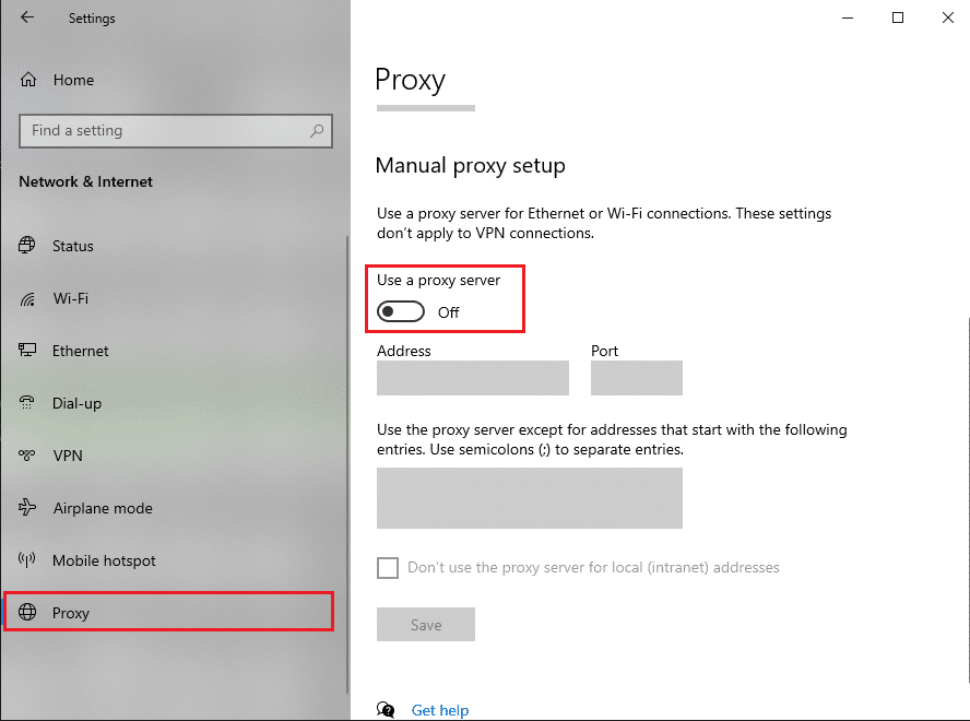 Toggle off the option stating Use a proxy server for your LAN (These settings will not apply to dial-up or VPN connections)