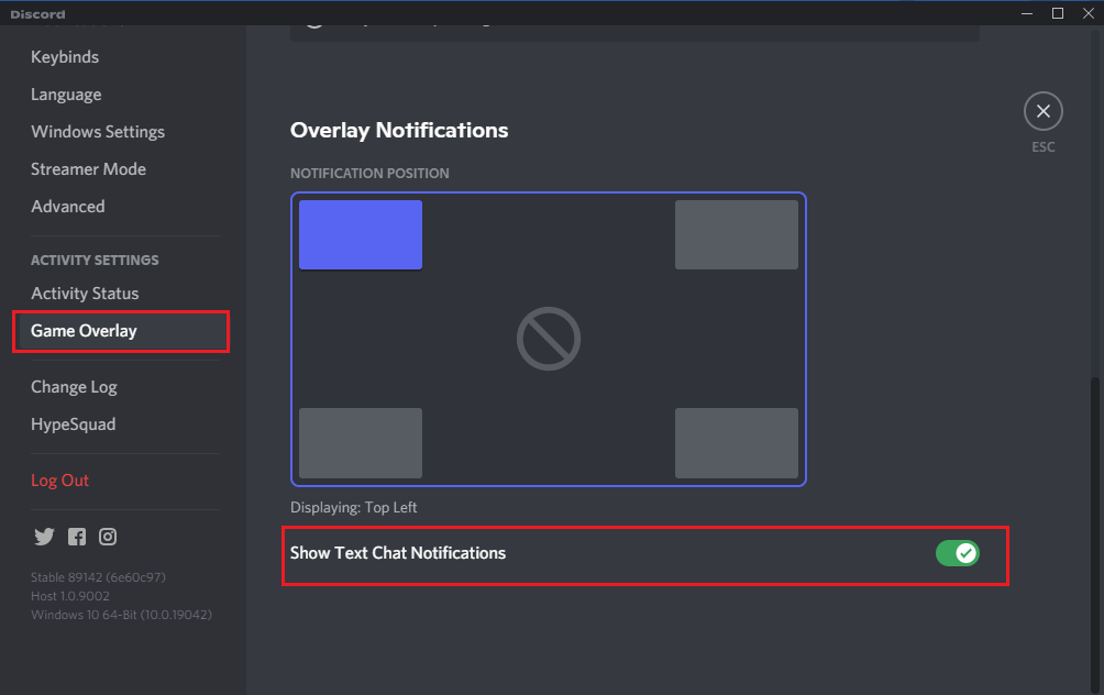 Toggle off the option titled Show text chat notifications toggle | How to Disable Discord Overlay