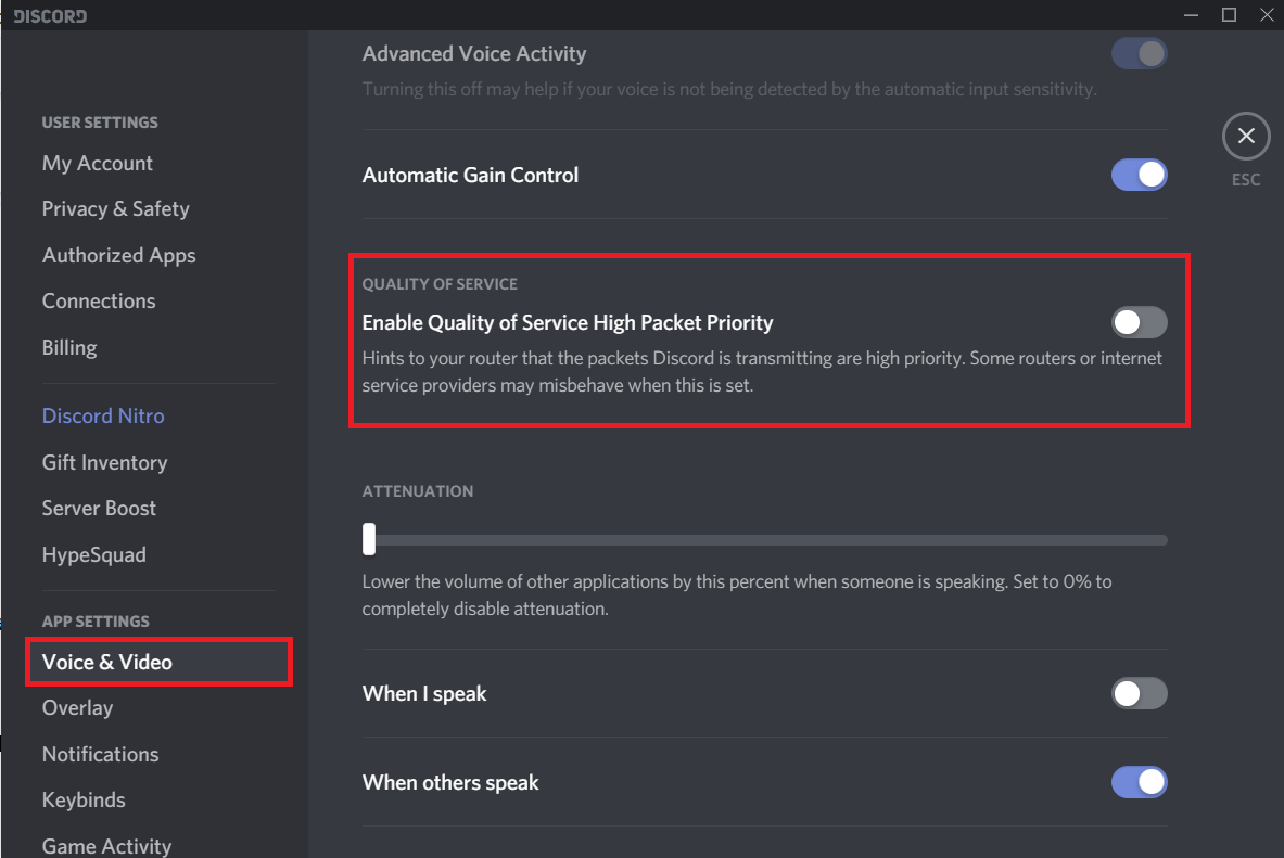 Toggle off the ‘Enable Quality of Service High Packet Priority’ | Fix No Route Error on Discord