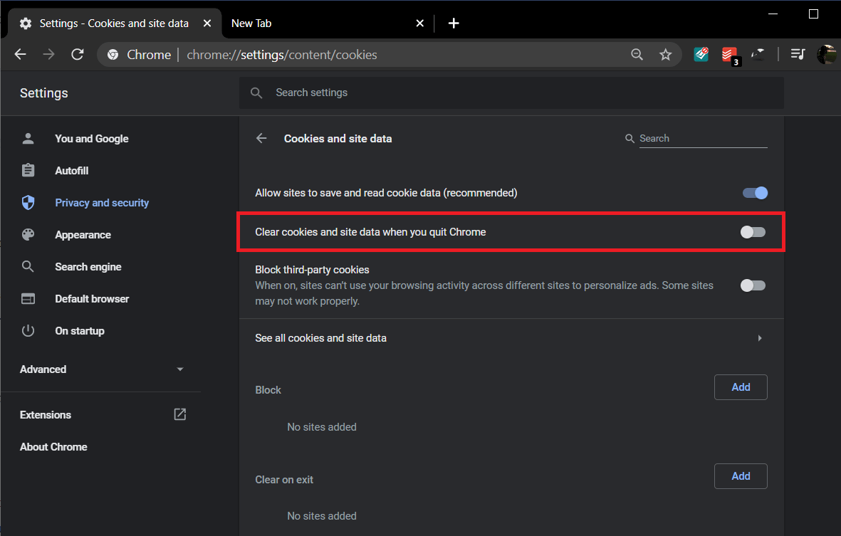 Toggle switch for ‘Clear cookies and site data when you quit chrome’