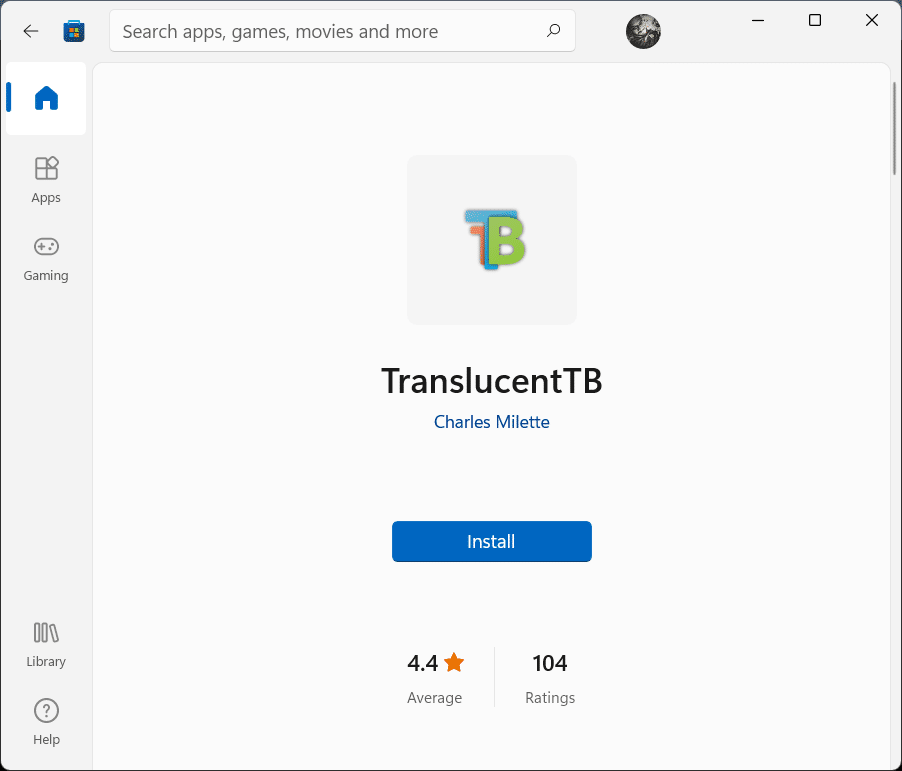 Translucent TB Install Microsoft store win11