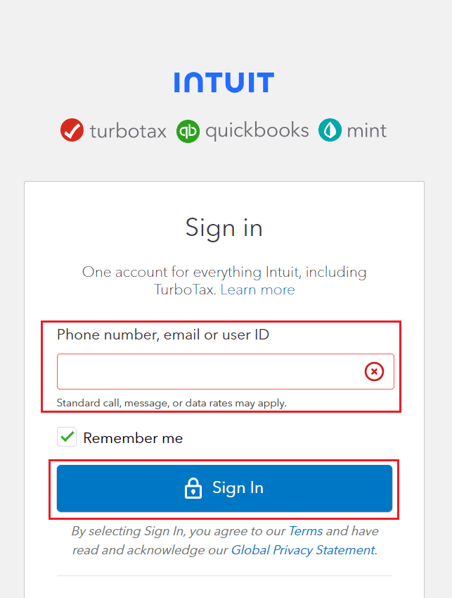 TurboTax log in page - email, userID, or phone number - verification code - Sign In