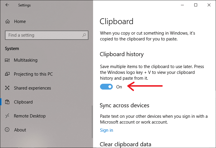 Включите кнопку переключения истории буфера обмена | Используйте новый буфер обмена в Windows 10