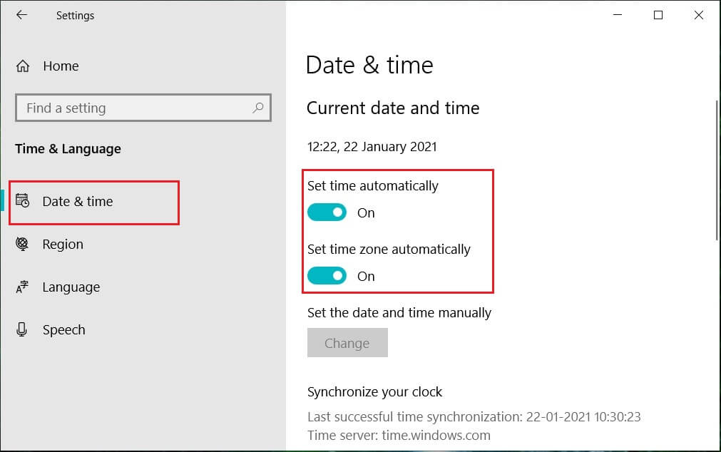 Turn ON the Set time automatically toggle | 4 Ways to Change Date and Time in Windows 10