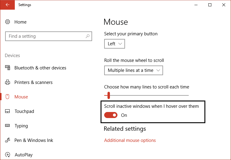 Включите переключатель для прокрутки неактивных окон при наведении на них курсора мыши.