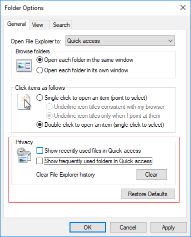 Отключите «Недавние элементы» и «Частые места» в настройках проводника | Отключите недавние элементы и часто встречающиеся места в Windows 10