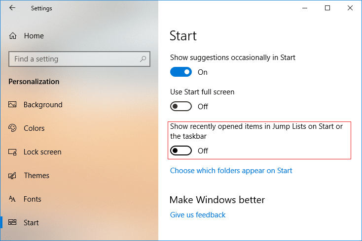 Turn Off Recent Items and Frequent Places in Windows 10 Settings
