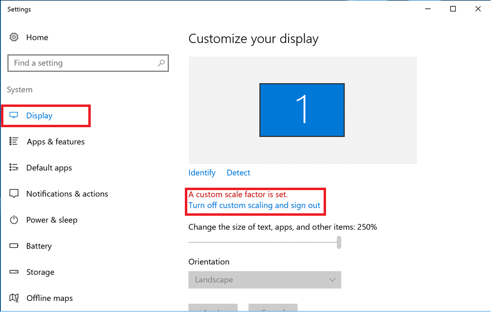 Отключите пользовательское масштабирование и выйдите из системы | Исправлено: удаленный рабочий стол не подключается в Windows 10.