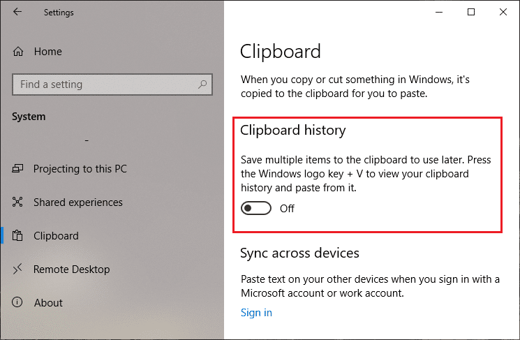 Отключить новый буфер обмена в Windows 10