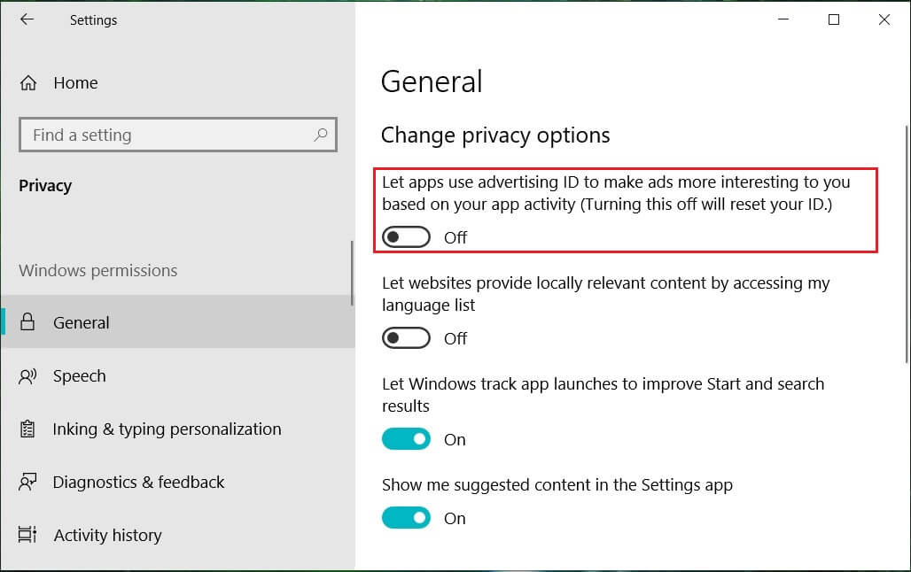 Turn off the Let apps use my advertising ID for experience across apps | Disable Data Collection in Windows 10 (Protect Your Privacy)