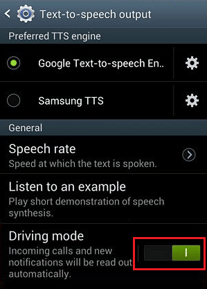 Turn off the toggle for Driving Mode present under the General tab | How to Turn on Samsung Galaxy S3 Driving Mode
