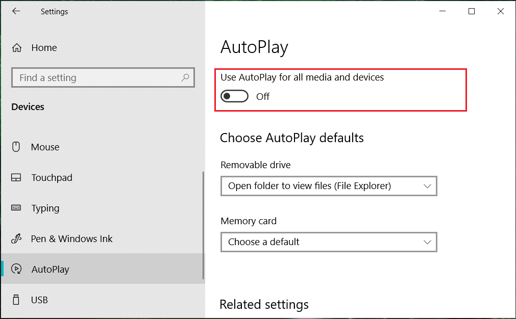 Turn off the toggle for Use AutoPlay for all media and devices