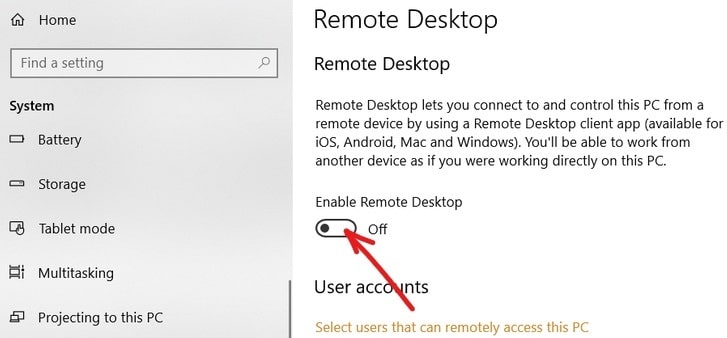 Turn on the Enable Remote Desktop toggle switch