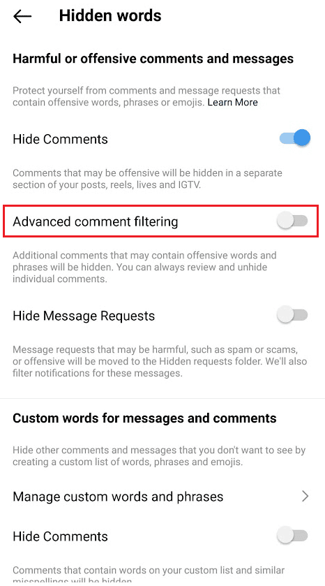 Turn on the toggle for Advanced comment filtering | How to Sort Instagram Comments 
