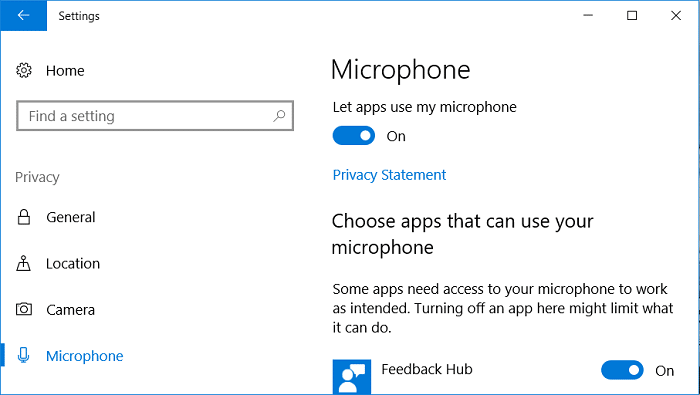 Turn on the toggle for Let apps use my microphone under Microphone