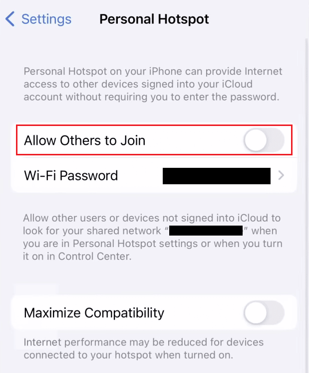 Turn on the toggle for the Allow Others to Join option | connect my hotspot to my PS4