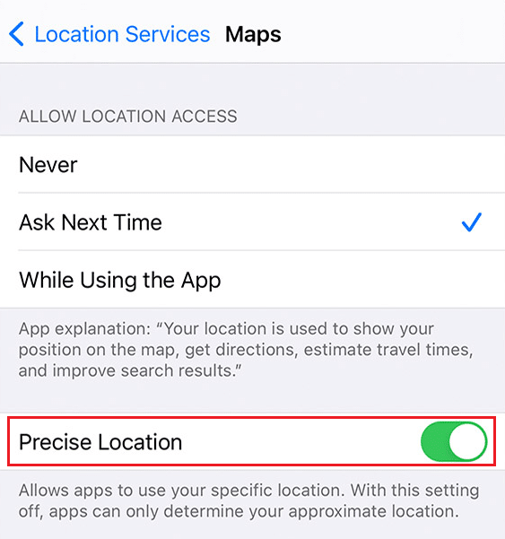 Turn on the toggle for the Precise Location option