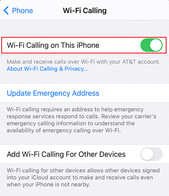 Turn on the toggle for the Wi-Fi Calling on This iPhone option