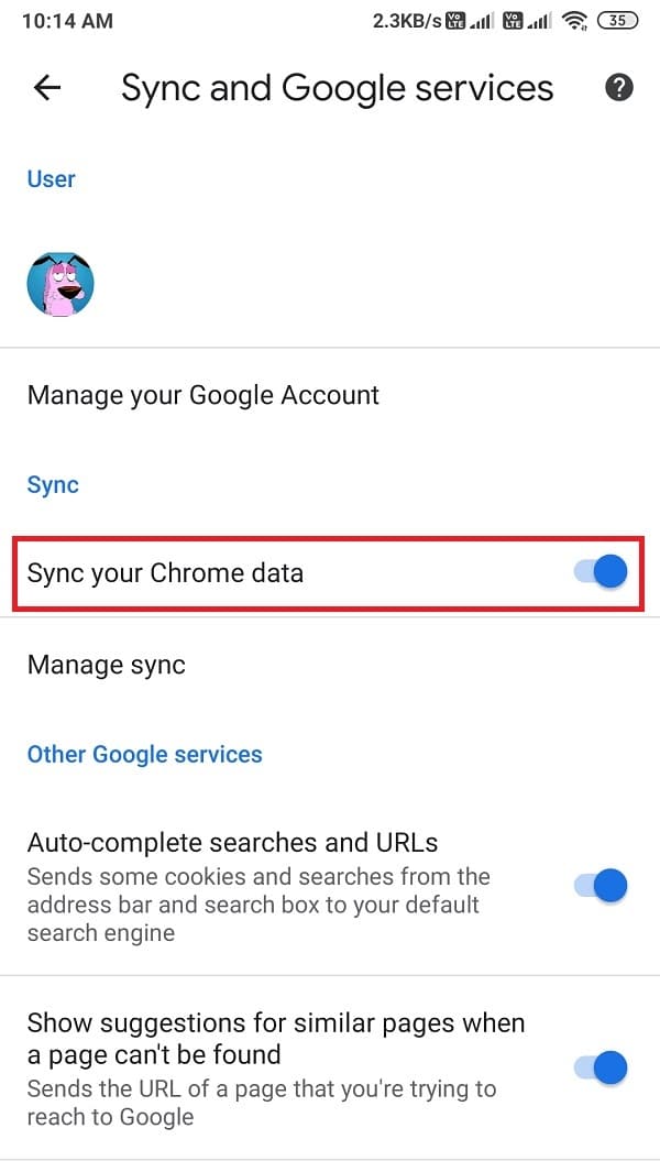 Turn on the toggle next to sync your Chrome data