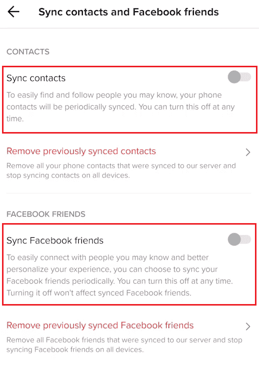 Turn on toggles for Sync contacts and Sync Facebook friends options TikTok