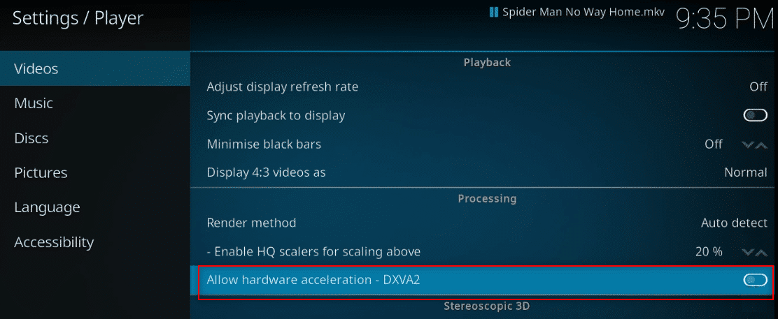 Turn the toggle off against the setting Allow Hardware acceleration DXVA2 in Kodi player settings