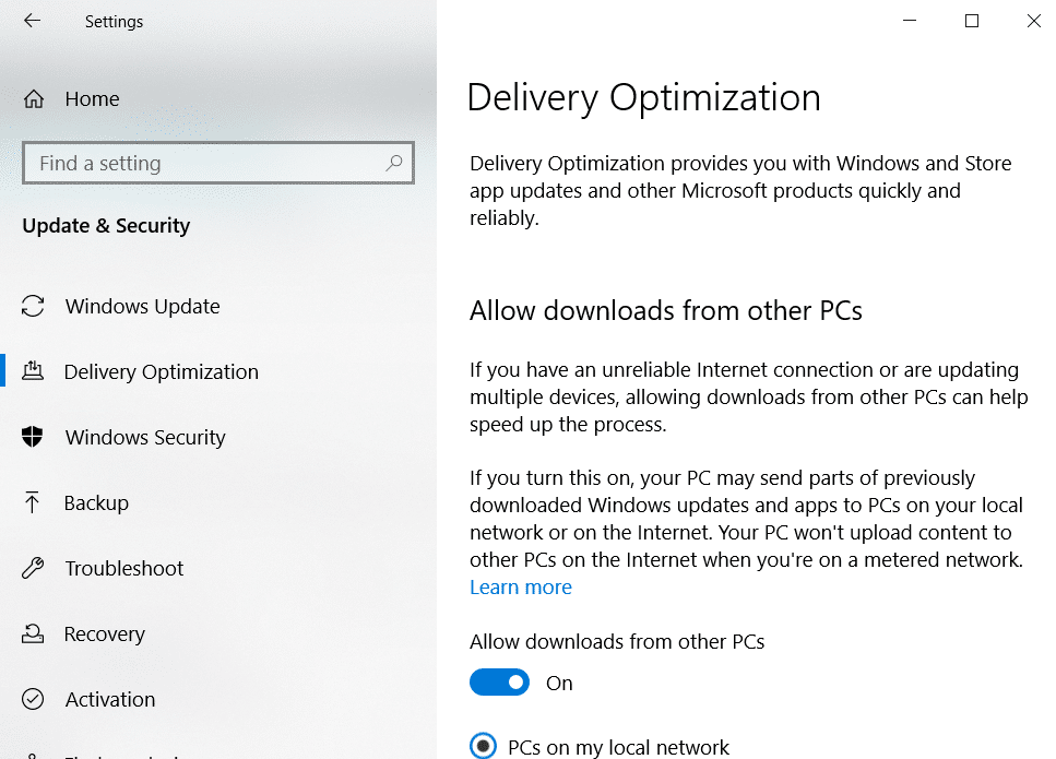 Turn the toggle off for the option titled Allow downloads from other PCs to disable P2P sharing