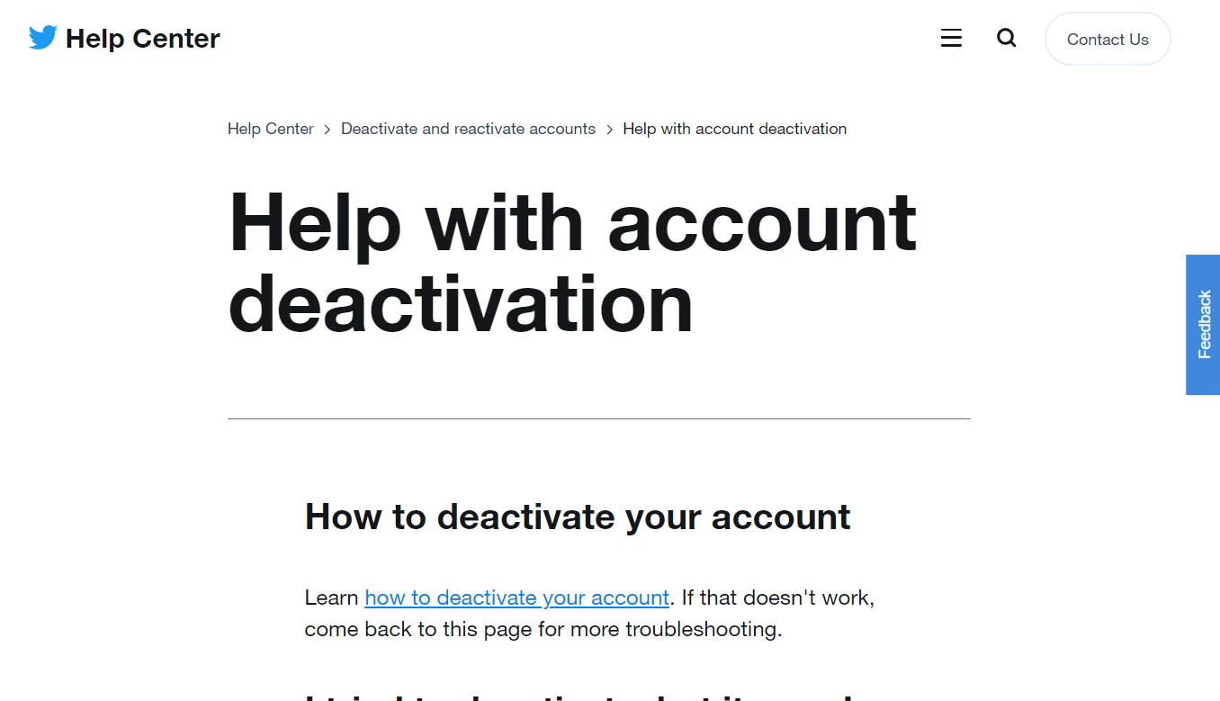 Twitter Help with account deactivation page